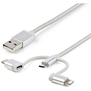 StarTech.com 1m 3 ft USB Multi Charger Cable - Braided - Silver - 3 in 1 Charging Cable - USB to Lightning Cable - USB to Micro USB Cable - USB to USB C